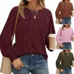 Round Neck Pleated Long-Sleeved Casual Tops