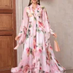 Women’s Elegant Floral Print High Waist Bell-Sleeve Maxi